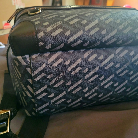 EUC Versace Coated Canvas Calfskin La Greca Signature Backpack Black and Grey - Picture 6 of 16